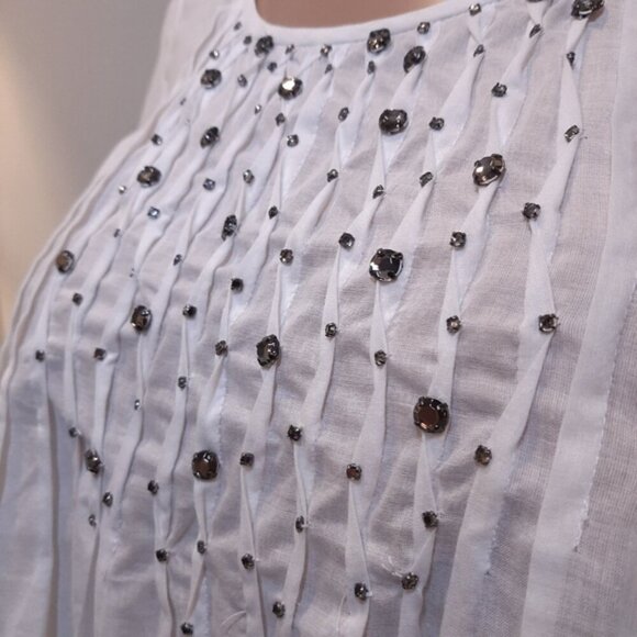 REBECCA TAYLOR Pintucked Blouse Short Sleeve Smoky Gem Embellished A-Line Top - Picture 4 of 14